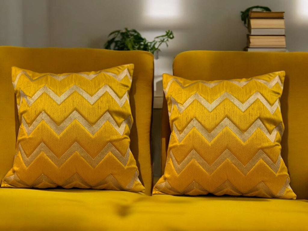 Silk Cushion or Pillow Cover with Golden Zigzag Embroidery, Set of 2