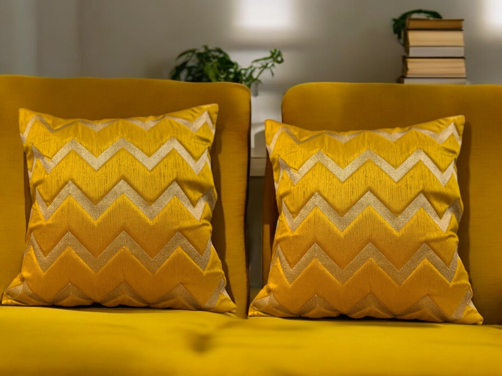 Silk Cushion or Pillow Cover with Golden Zigzag Embroidery, Set of 2