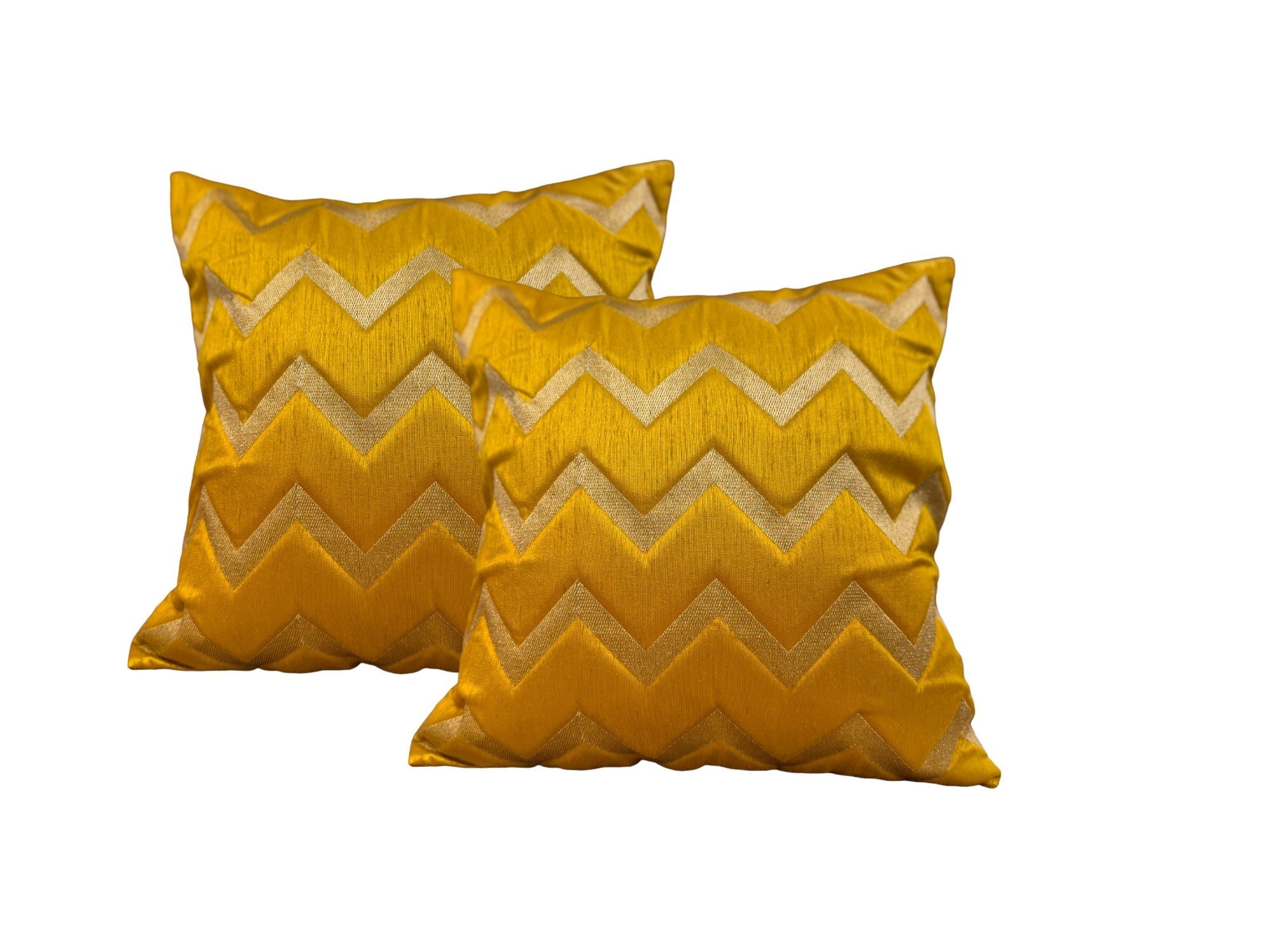 Silk Cushion or Pillow Cover with Golden Zigzag Embroidery, Set of 2