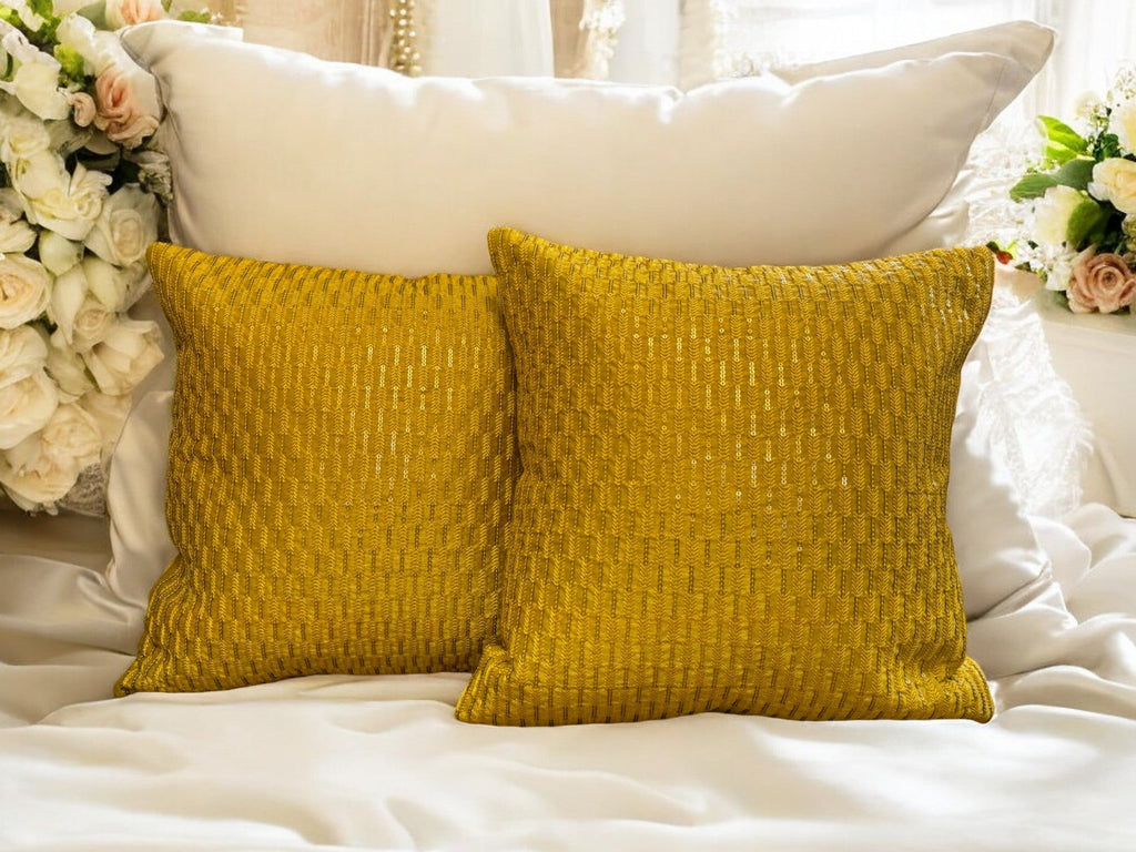 Silk Cushion or Pillow Cover with Full Sequence Design, Set of 2