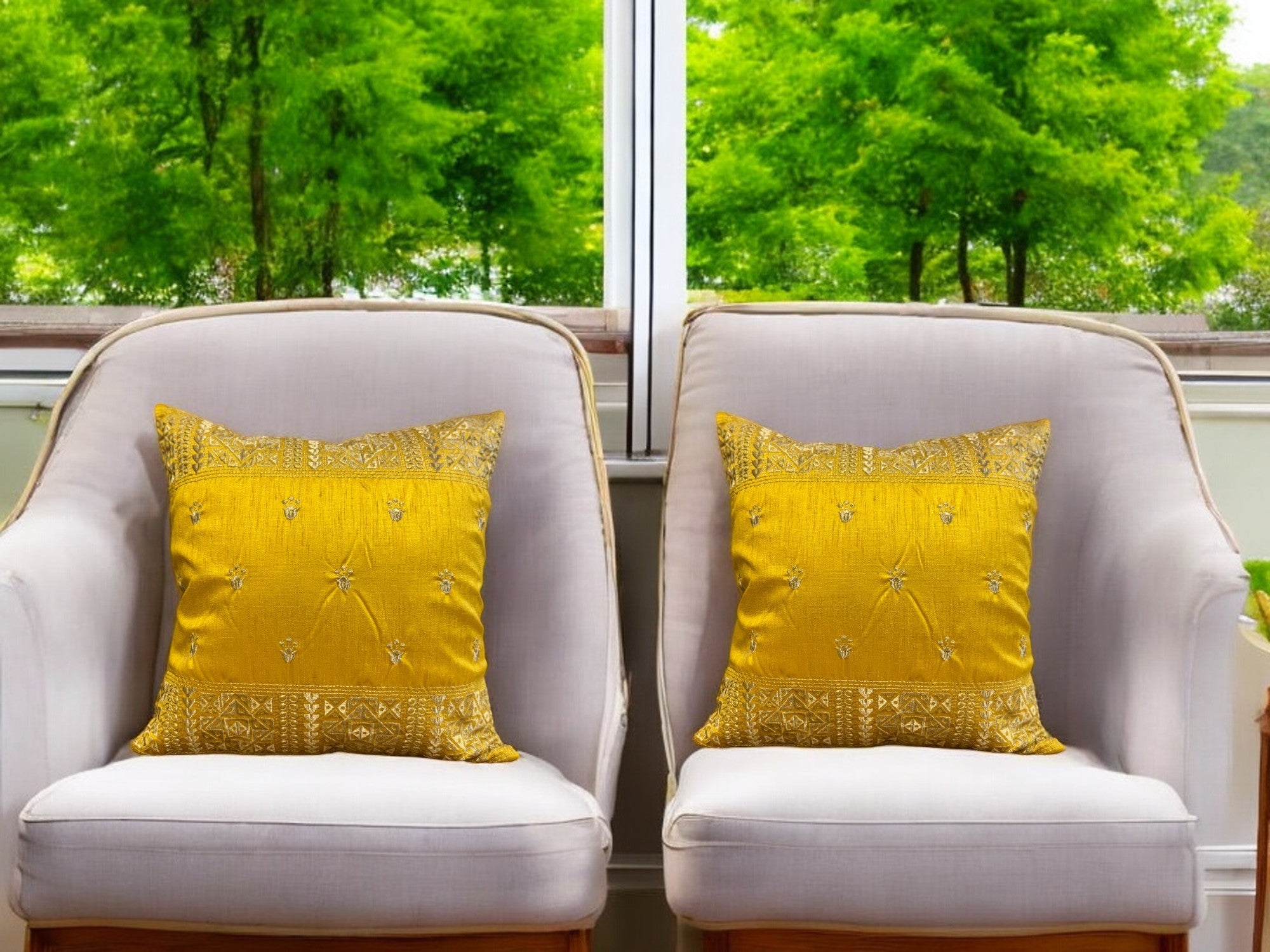 Silk Cushion or Pillow Cover with King Crown & Border Embroidery, Set of 2
