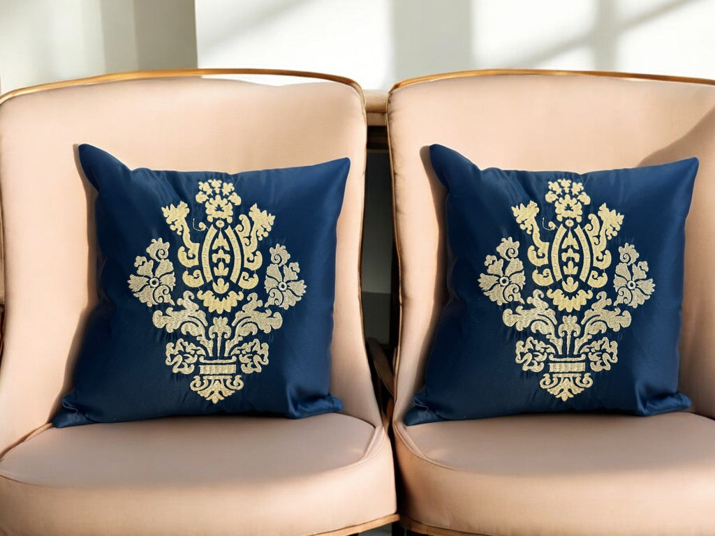 Satin Cushion or Pillow Cover with Golden & Ivory Embroidery, Set of 2