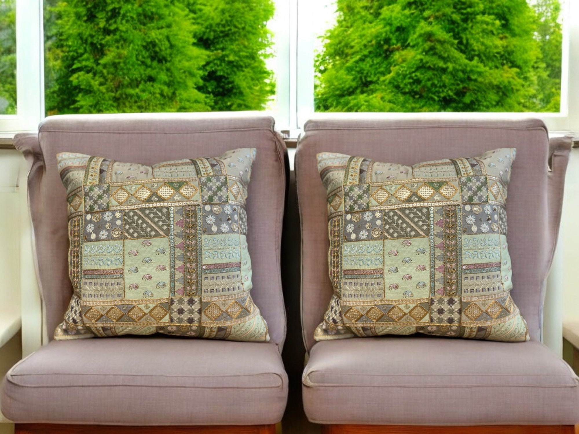 Silk Cushion or Pillow Cover with Heavy Traditional Indian Thread Work, Set of 2