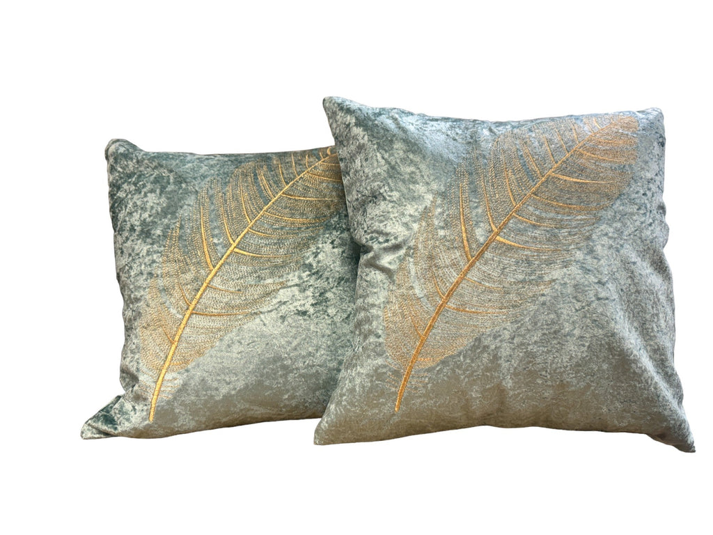 Velvet Cushion or Pillow Cover with Golden Feather Embroidery, Set of 2