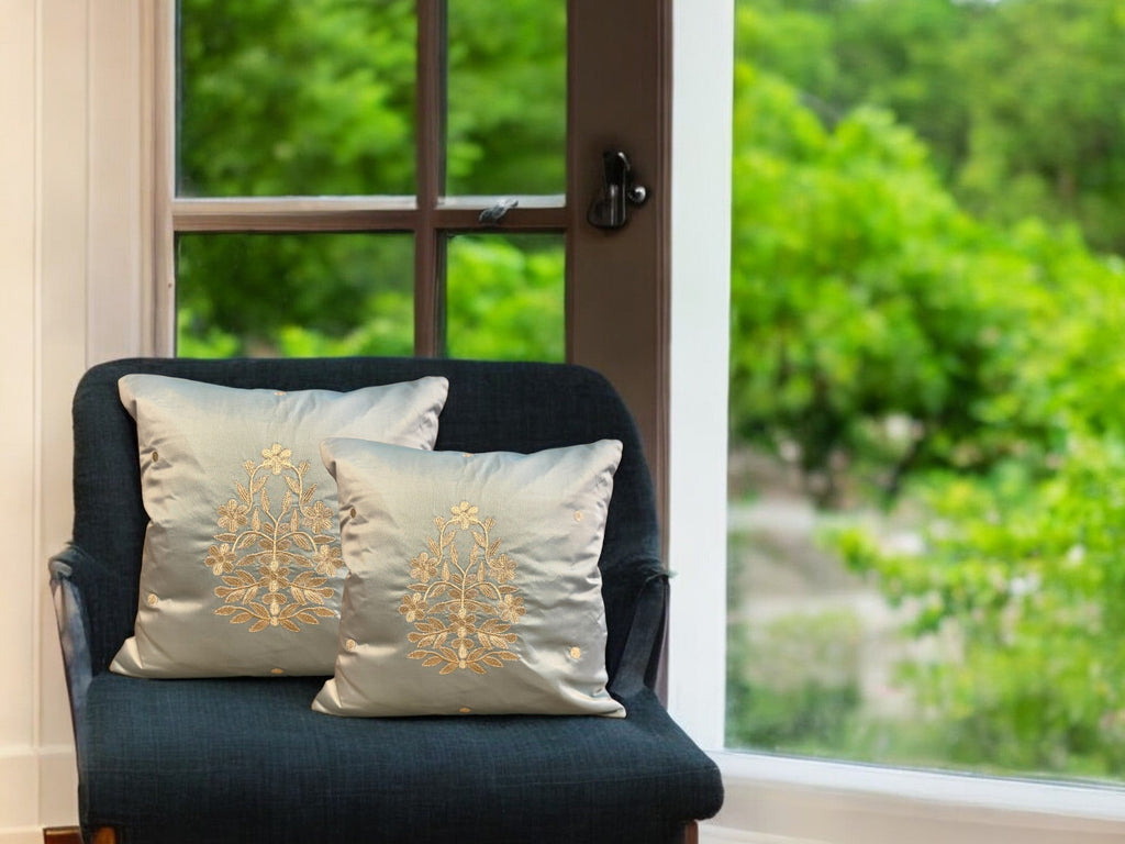 Satin Cushion or Pillow Cover with Golden Flower & Leaf, Set of 2