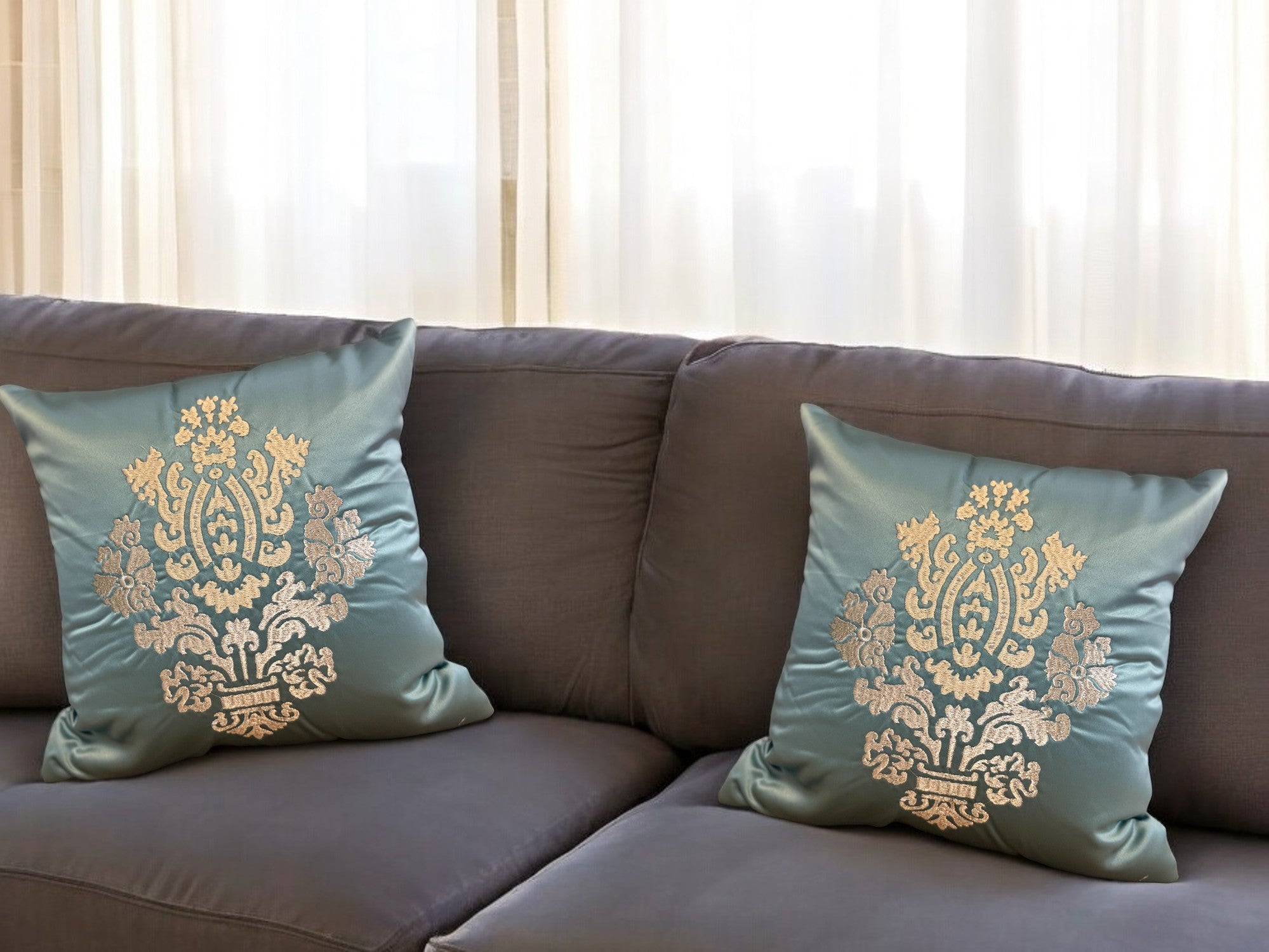 Satin Cushion or Pillow Cover with Golden & Ivory Embroidery, Set of 2