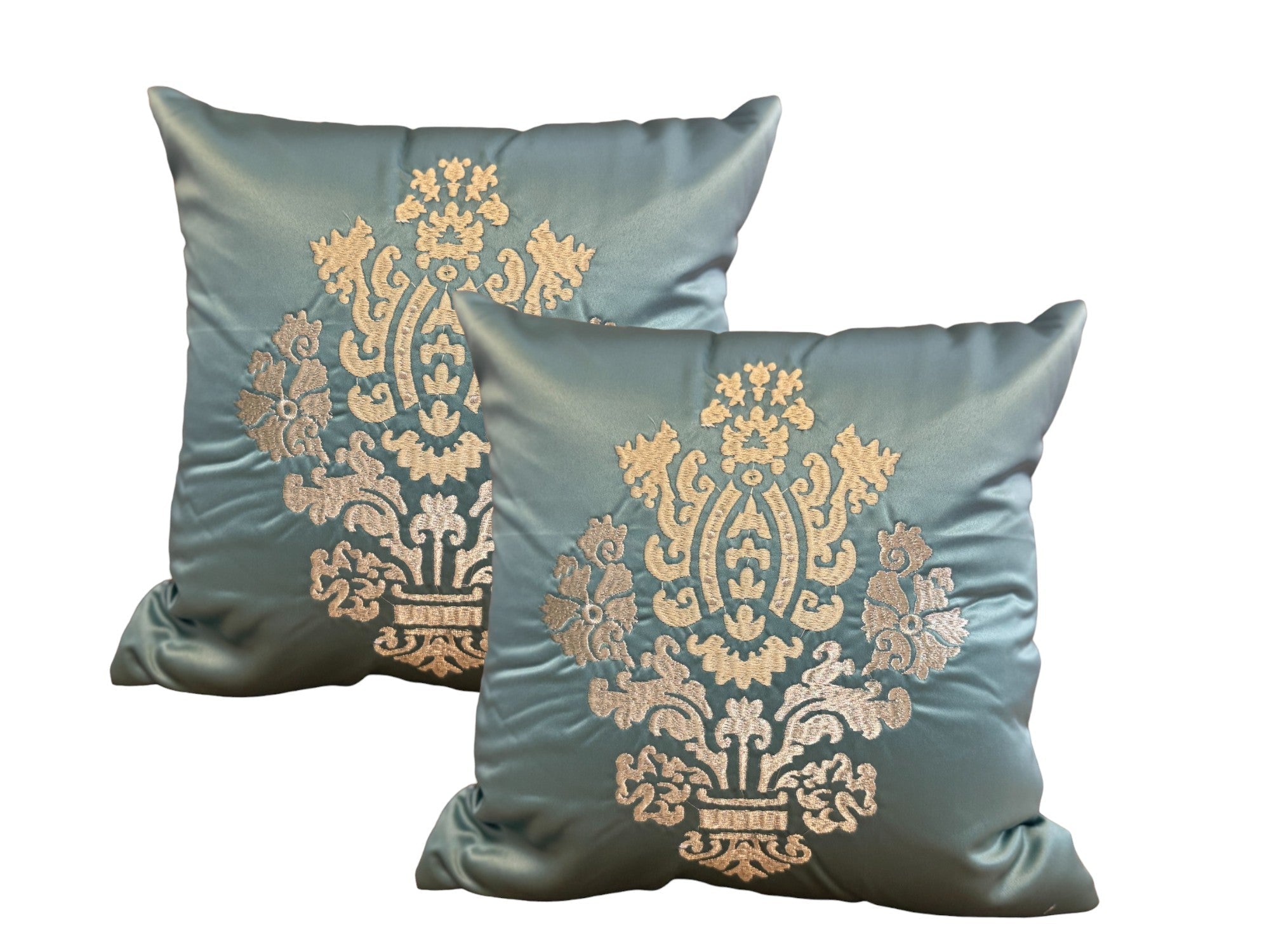 Satin Cushion or Pillow Cover with Golden & Ivory Embroidery, Set of 2