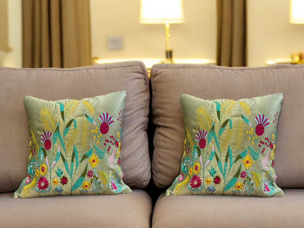 Satin Cushion or Pillow Cover with Garden Embroidery, Set of 2