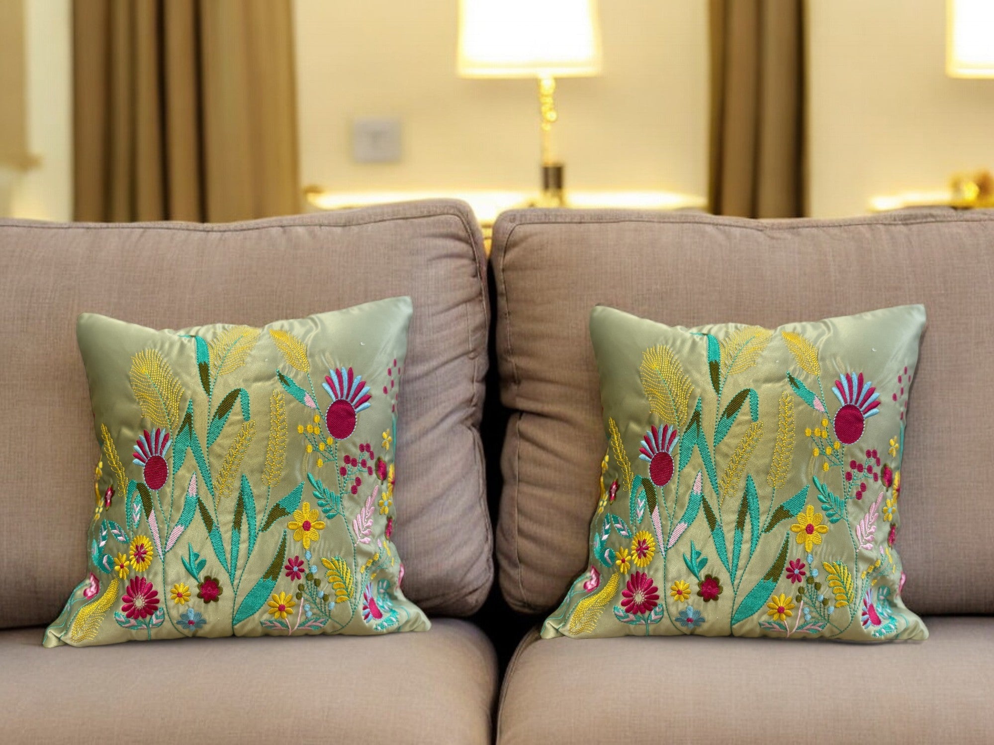 Satin Cushion or Pillow Cover with Garden Embroidery, Set of 2