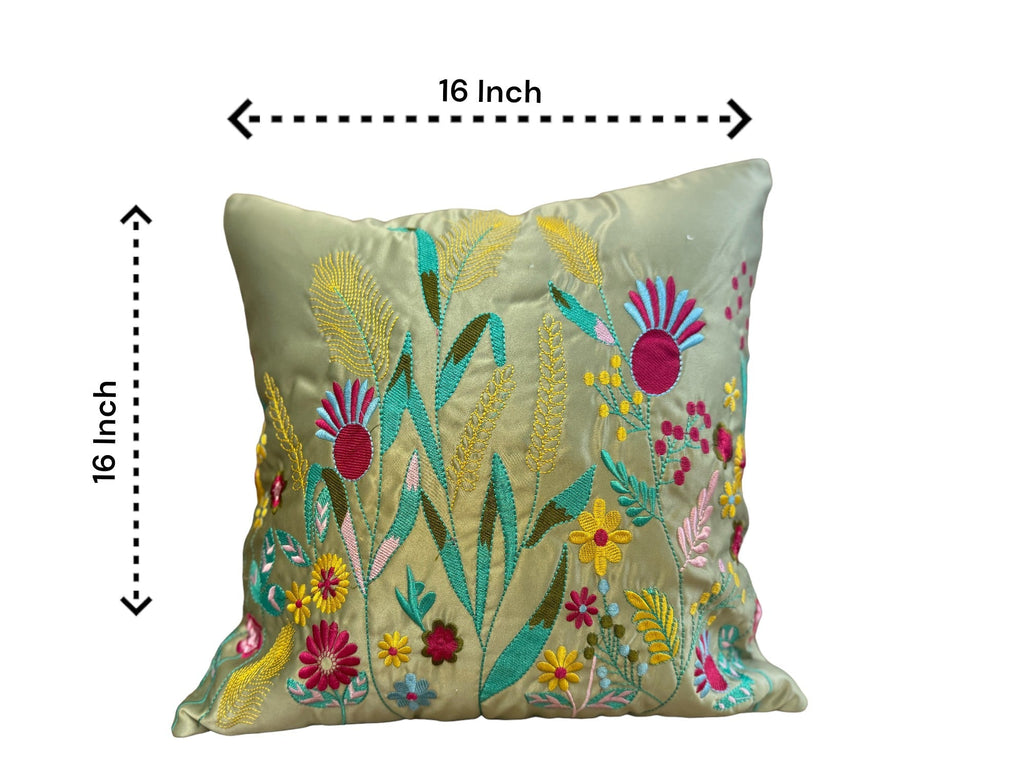Satin Cushion or Pillow Cover with Garden Embroidery, Set of 2