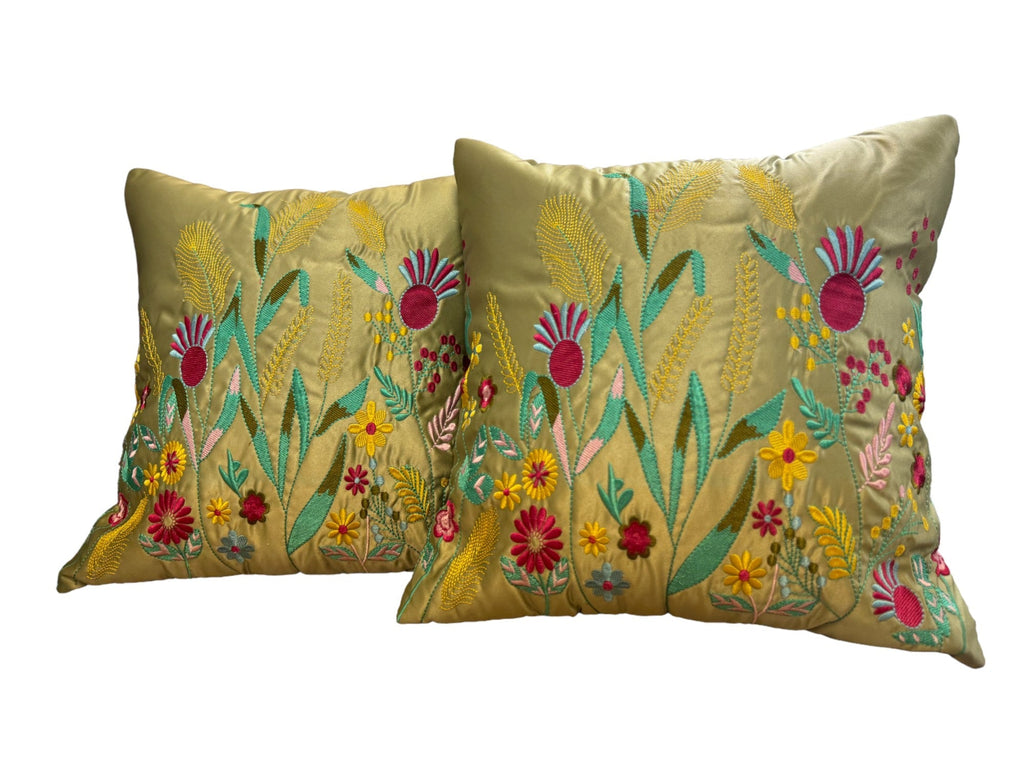 Satin Cushion or Pillow Cover with Garden Embroidery, Set of 2