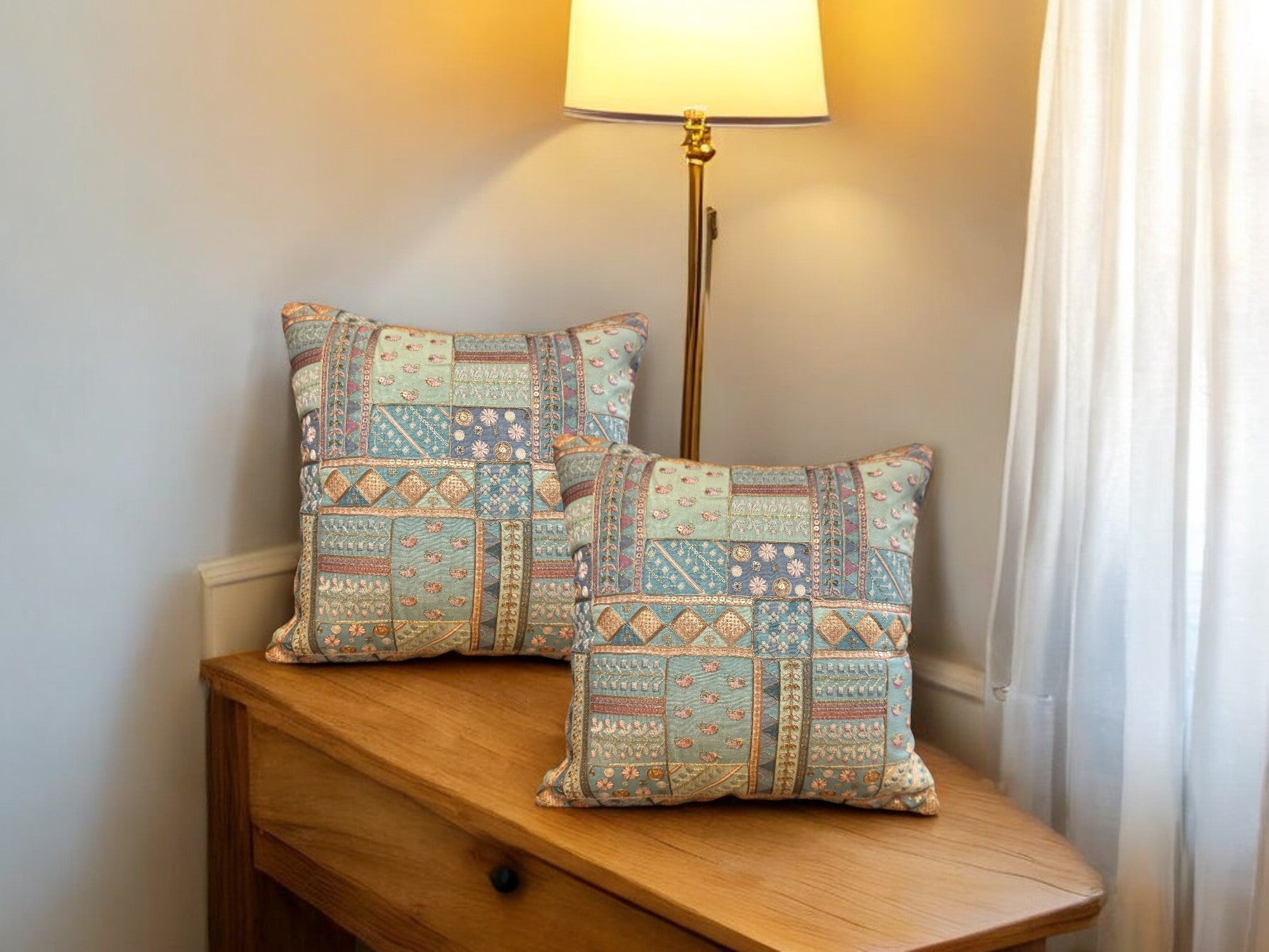 Silk Cushion or Pillow Cover with Heavy Traditional Indian Thread Work, Set of 2