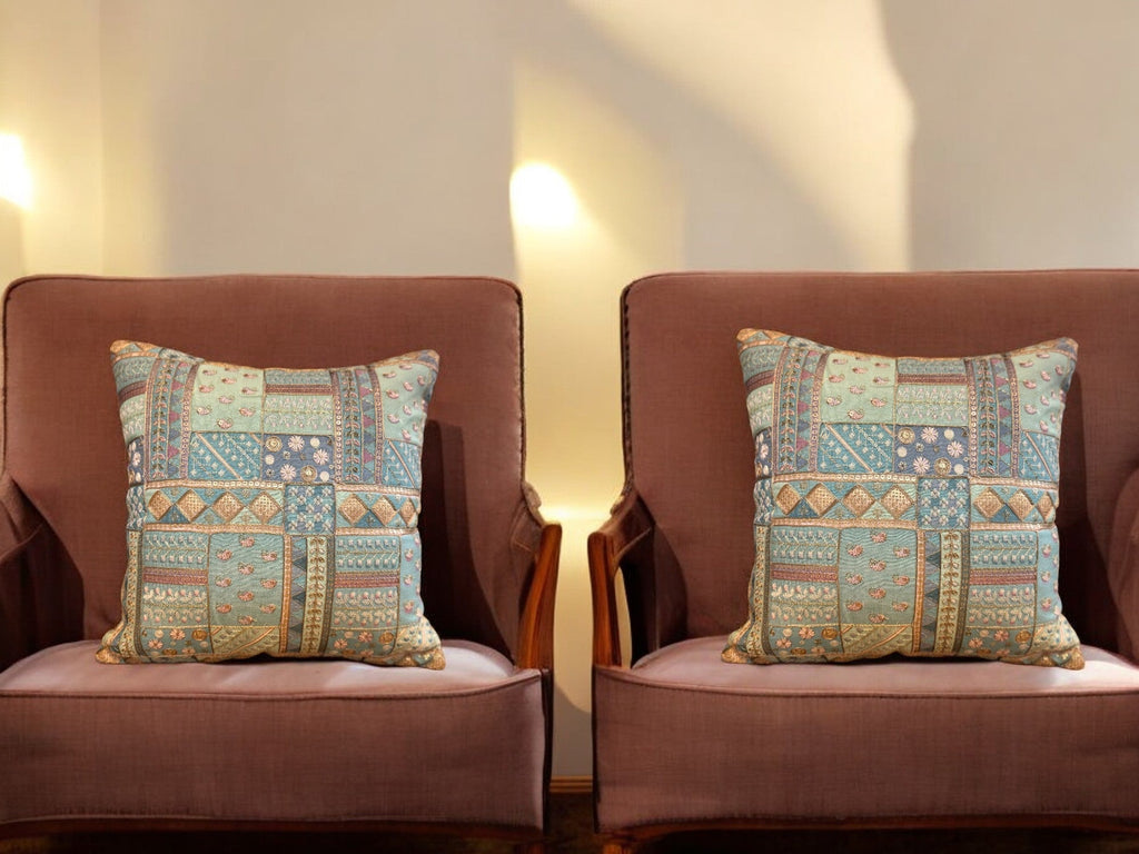 Silk Cushion or Pillow Cover with Heavy Traditional Indian Thread Work, Set of 2