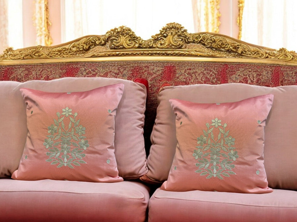 Satin Cushion or Pillow Cover with Golden Flower & Leaf, Set of 2