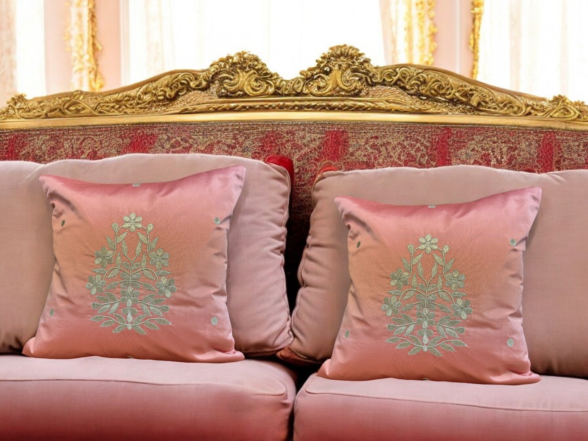 Satin Cushion or Pillow Cover with Golden Flower & Leaf, Set of 2