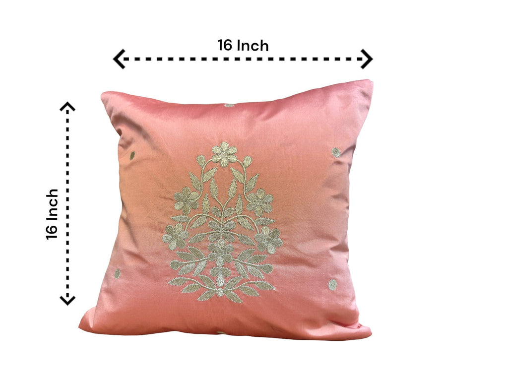 Satin Cushion or Pillow Cover with Golden Flower & Leaf, Set of 2
