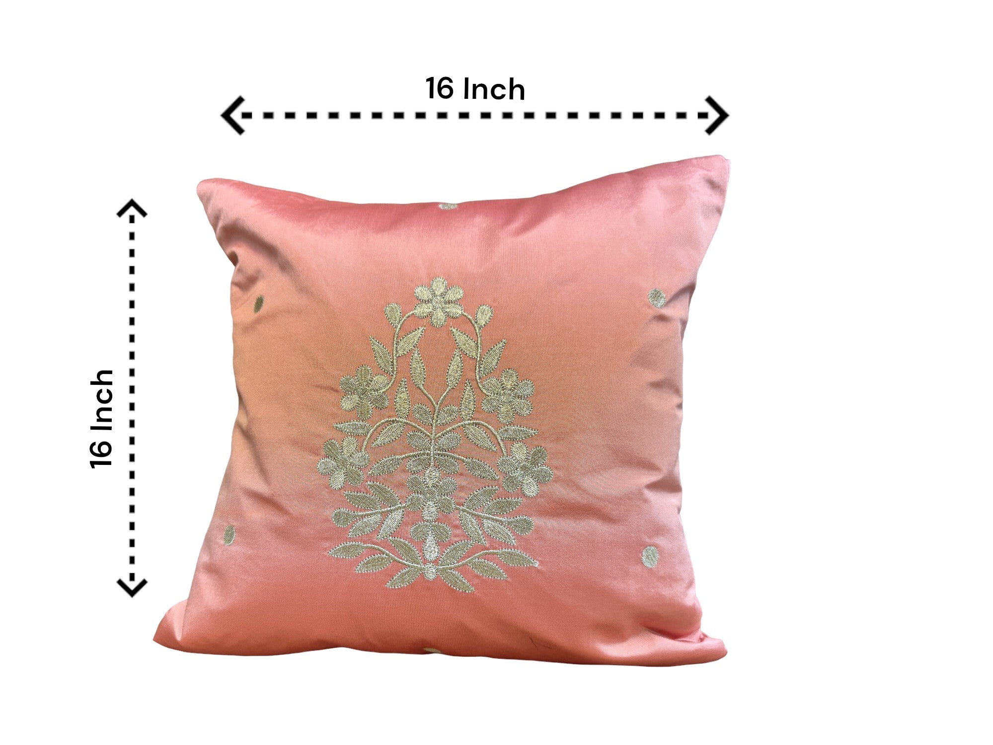 Satin Cushion or Pillow Cover with Golden Flower & Leaf, Set of 2