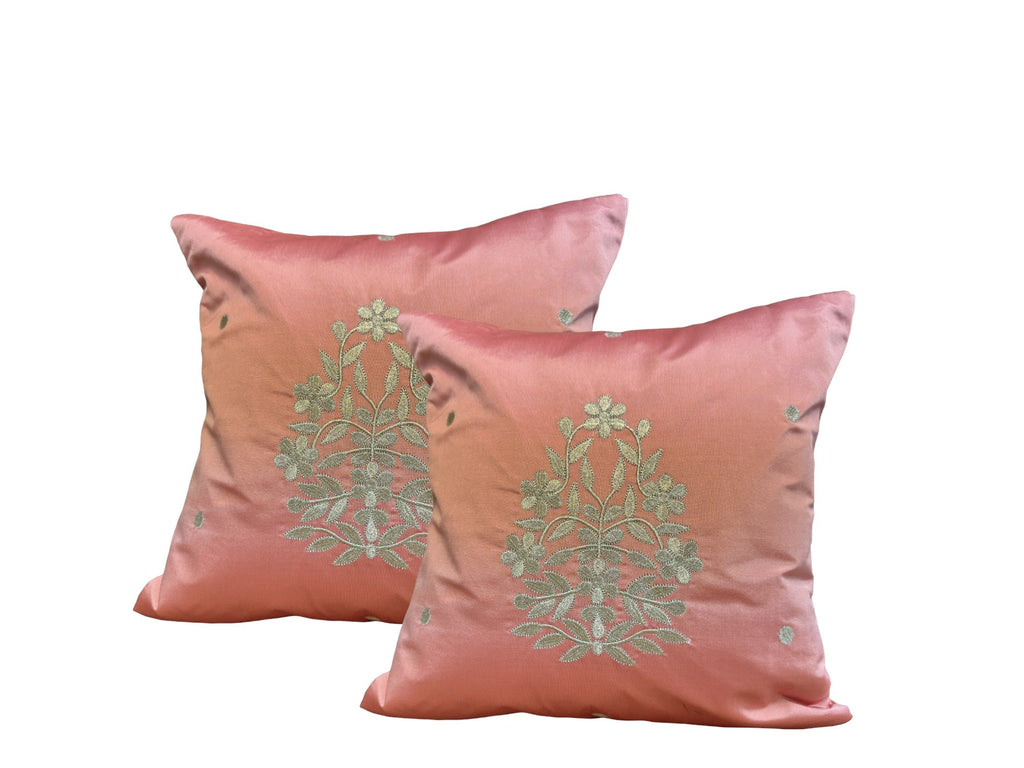 Satin Cushion or Pillow Cover with Golden Flower & Leaf, Set of 2