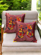 Satin Cushion or Pillow Cover with Cycle Embroidery & Satin Pompom on Sides, Set of 2
