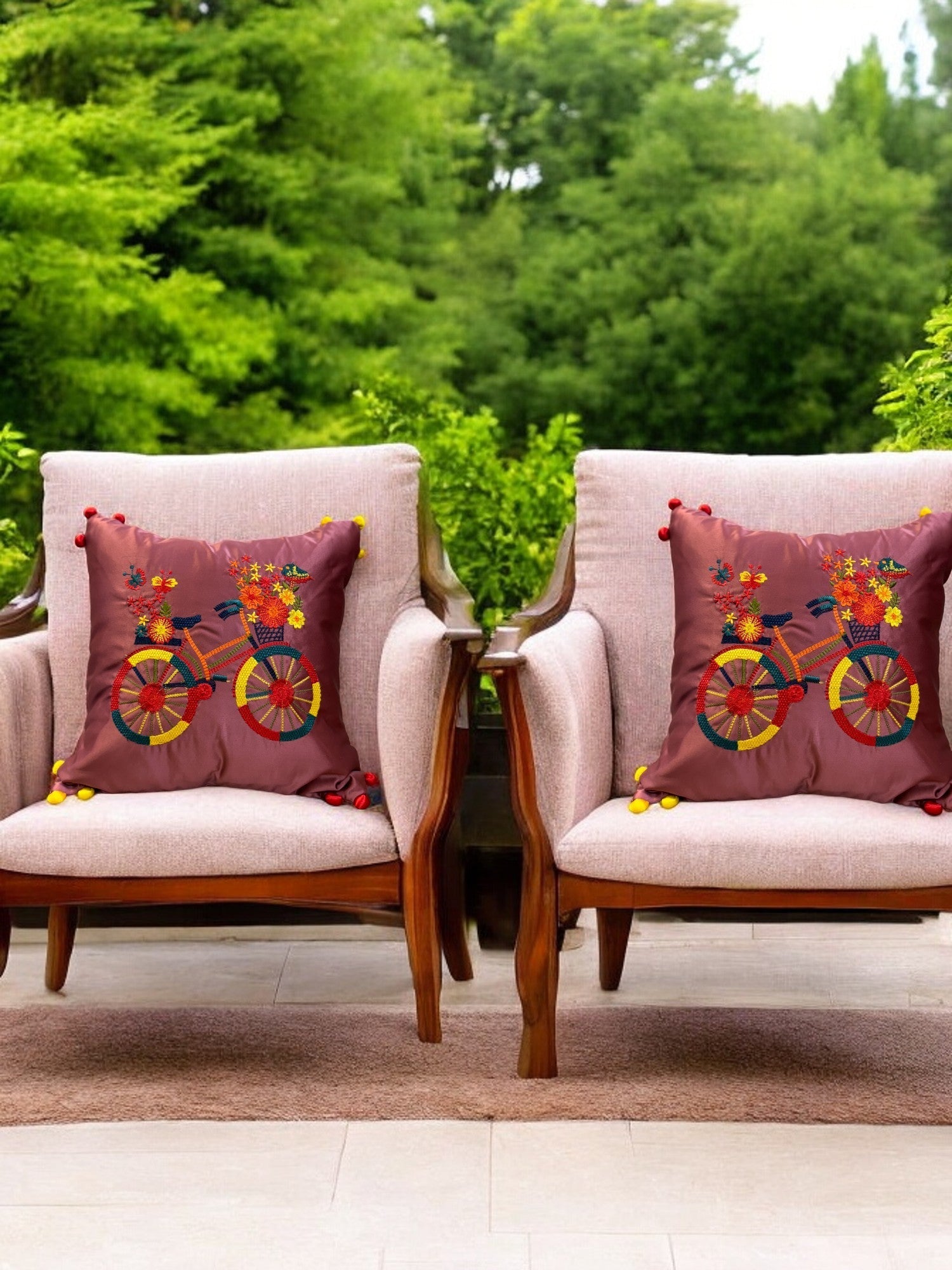 Satin Cushion or Pillow Cover with Cycle Embroidery & Satin Pompom on Sides, Set of 2