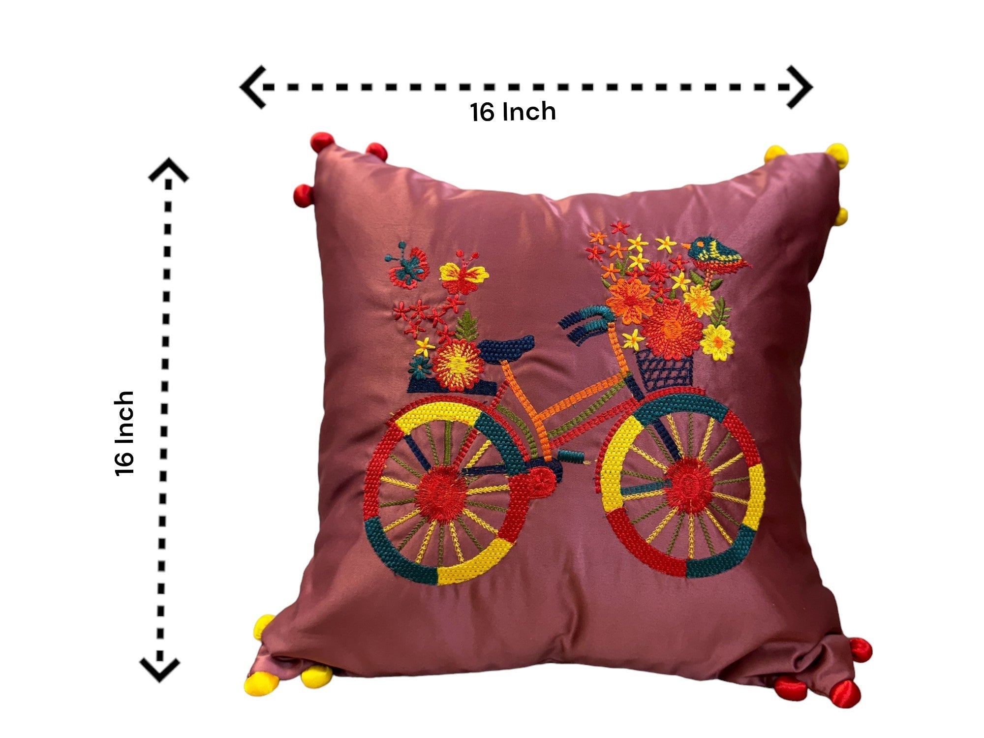 Satin Cushion or Pillow Cover with Cycle Embroidery & Satin Pompom on Sides, Set of 2