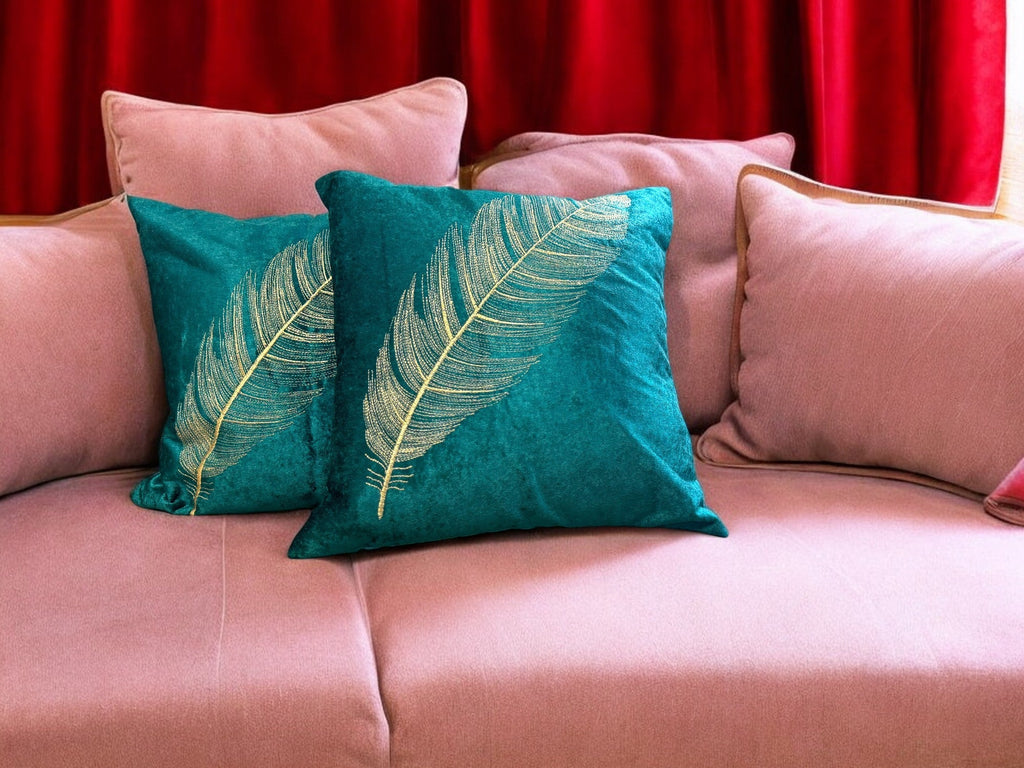 Velvet Cushion or Pillow Cover with Golden Feather Embroidery, Set of 2