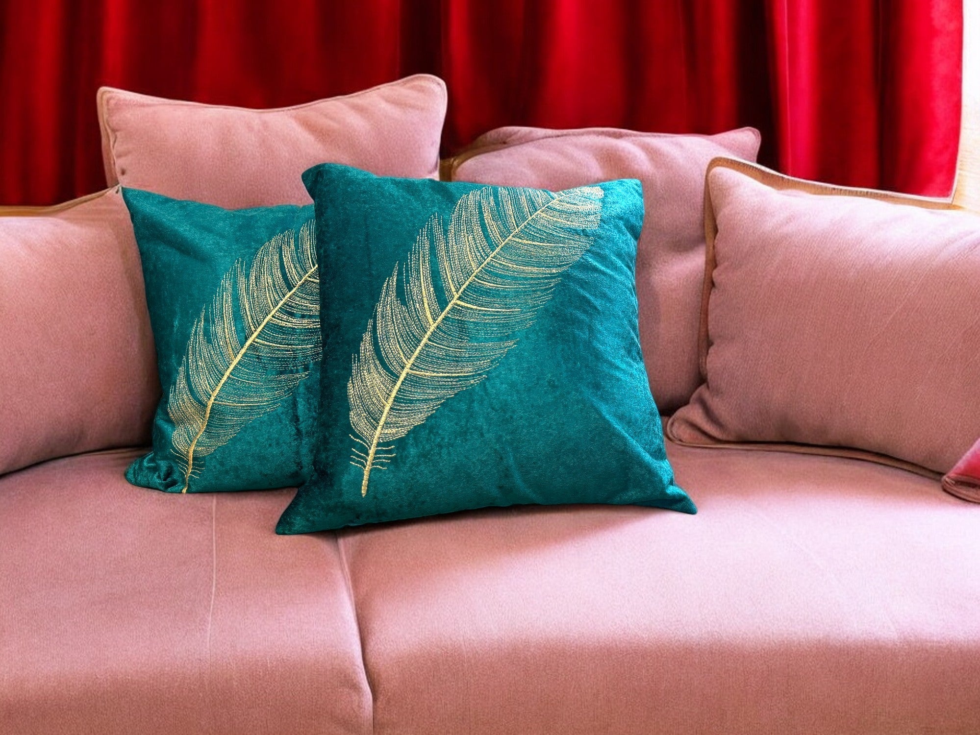 Velvet Cushion or Pillow Cover with Golden Feather Embroidery, Set of 2