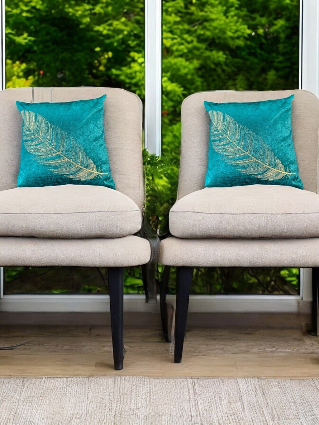 Velvet Cushion or Pillow Cover with Golden Feather Embroidery, Set of 2