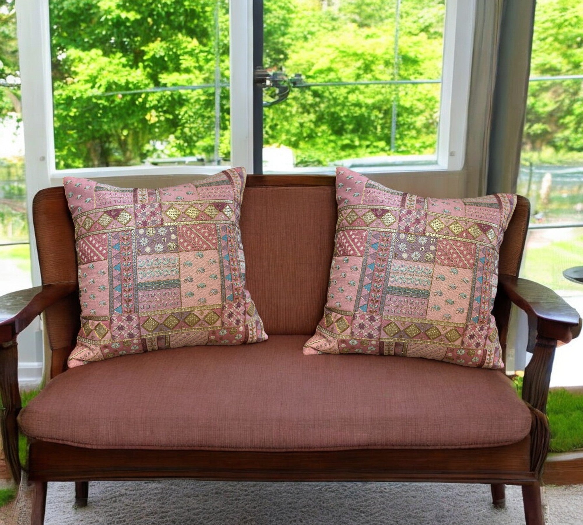 Silk Cushion or Pillow Cover with Heavy Traditional Indian Thread Work, Set of 2