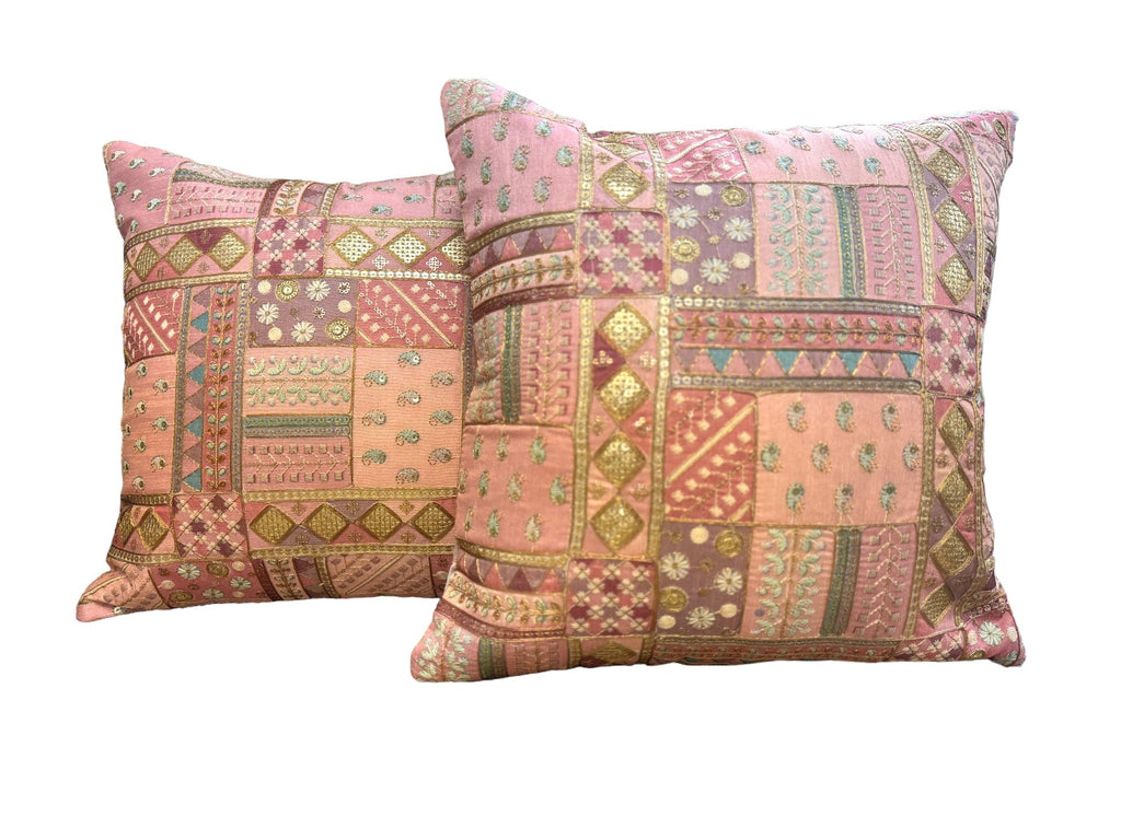 Silk Cushion or Pillow Cover with Heavy Traditional Indian Thread Work, Set of 2