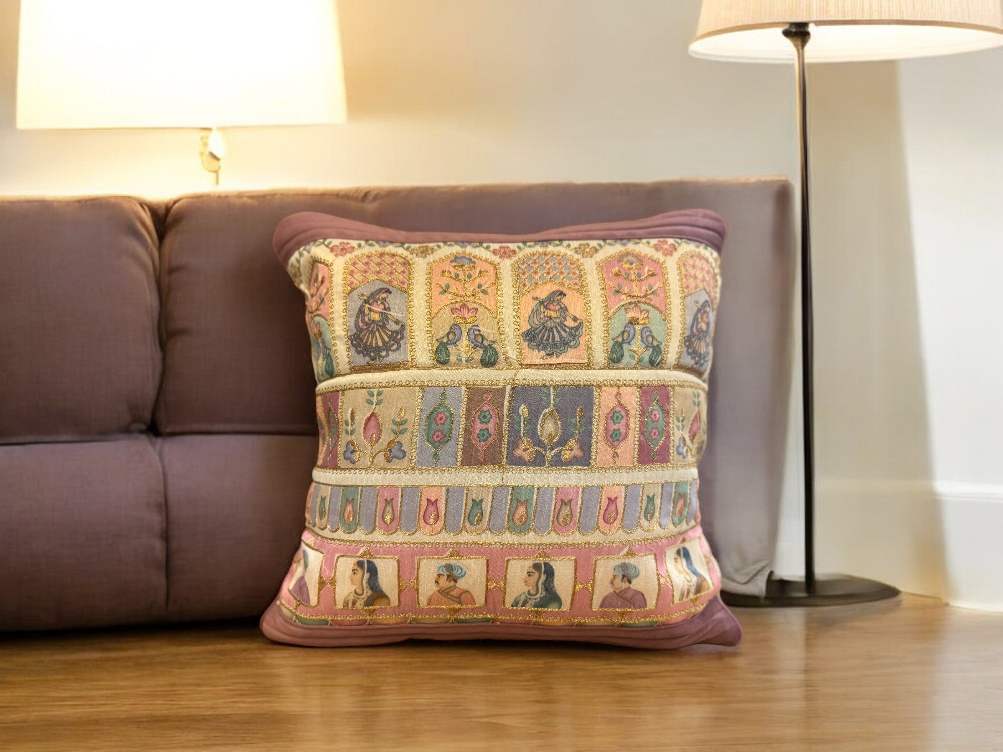Velvet & Silk Mixed Cushion or Pillow Cover with Raja Rani Thread Work, Set of 1