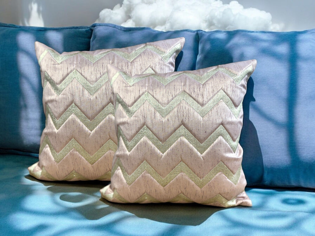 Silk Cushion or Pillow Cover with Golden Zigzag Embroidery, Set of 2