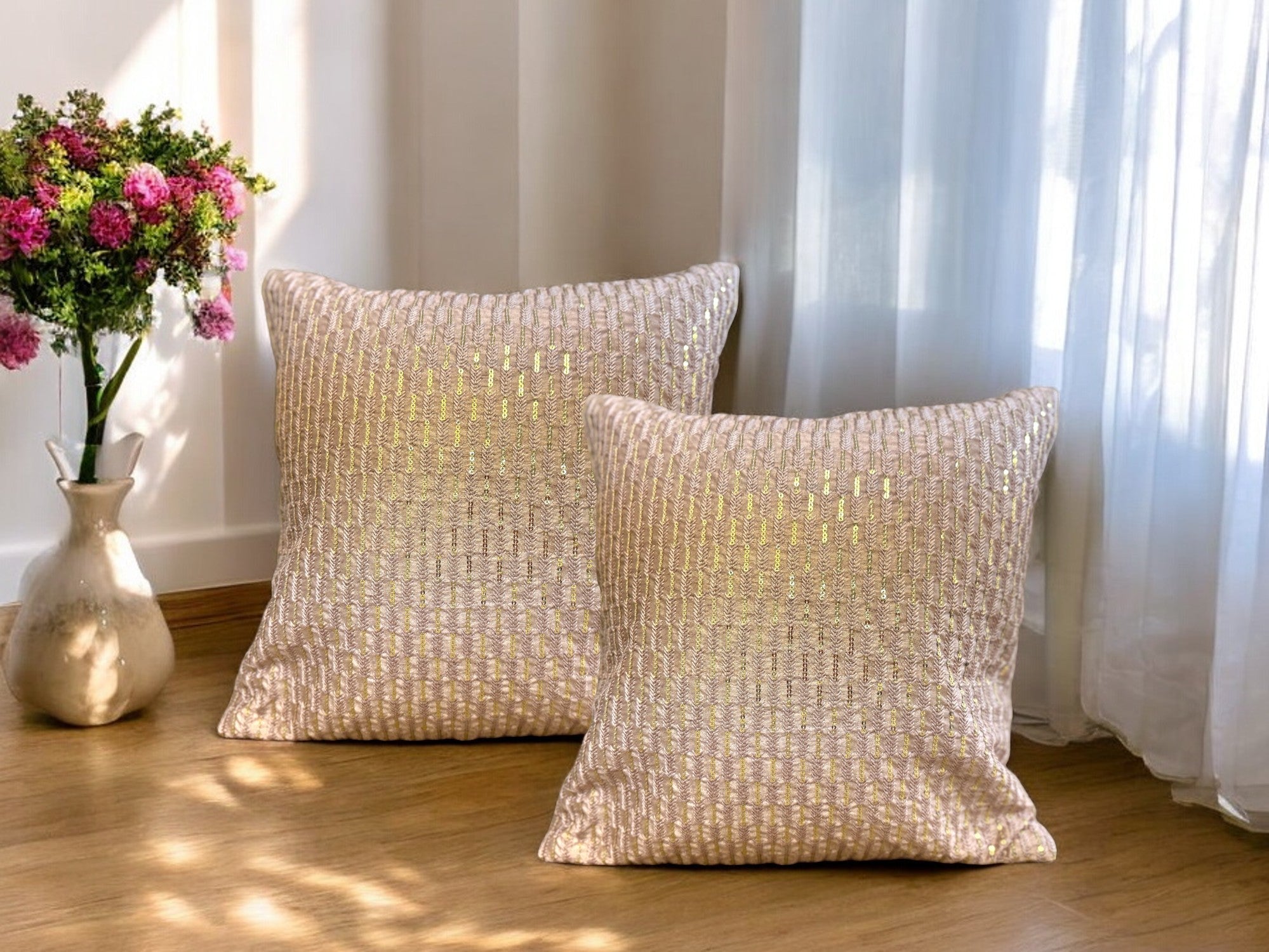 Silk Cushion or Pillow Cover with Full Sequence Design, Set of 2