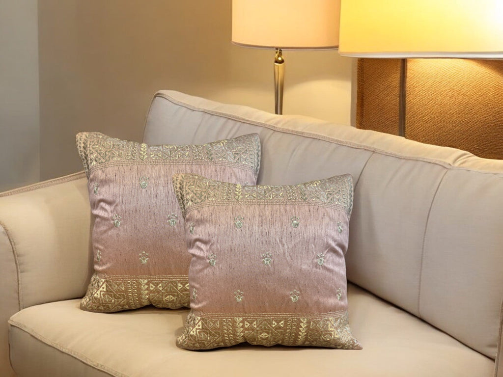 Silk Cushion or Pillow Cover with King Crown & Border Embroidery, Set of 2