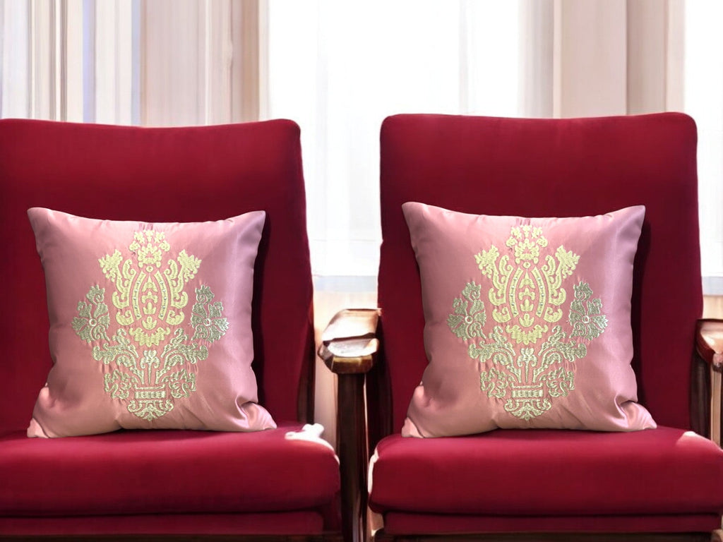Satin Cushion or Pillow Cover with Golden & Ivory Embroidery, Set of 2