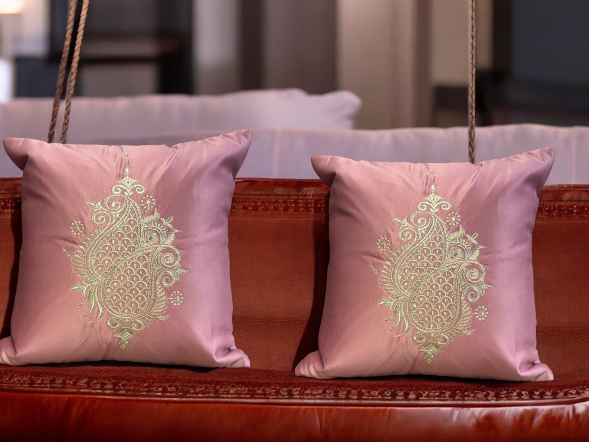 Satin Cushion or Pillow Cover with Koyari Embroidery, Set of 2