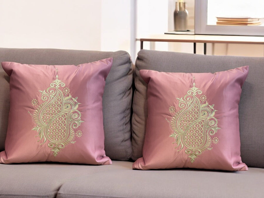 Satin Cushion or Pillow Cover with Koyari Embroidery, Set of 2