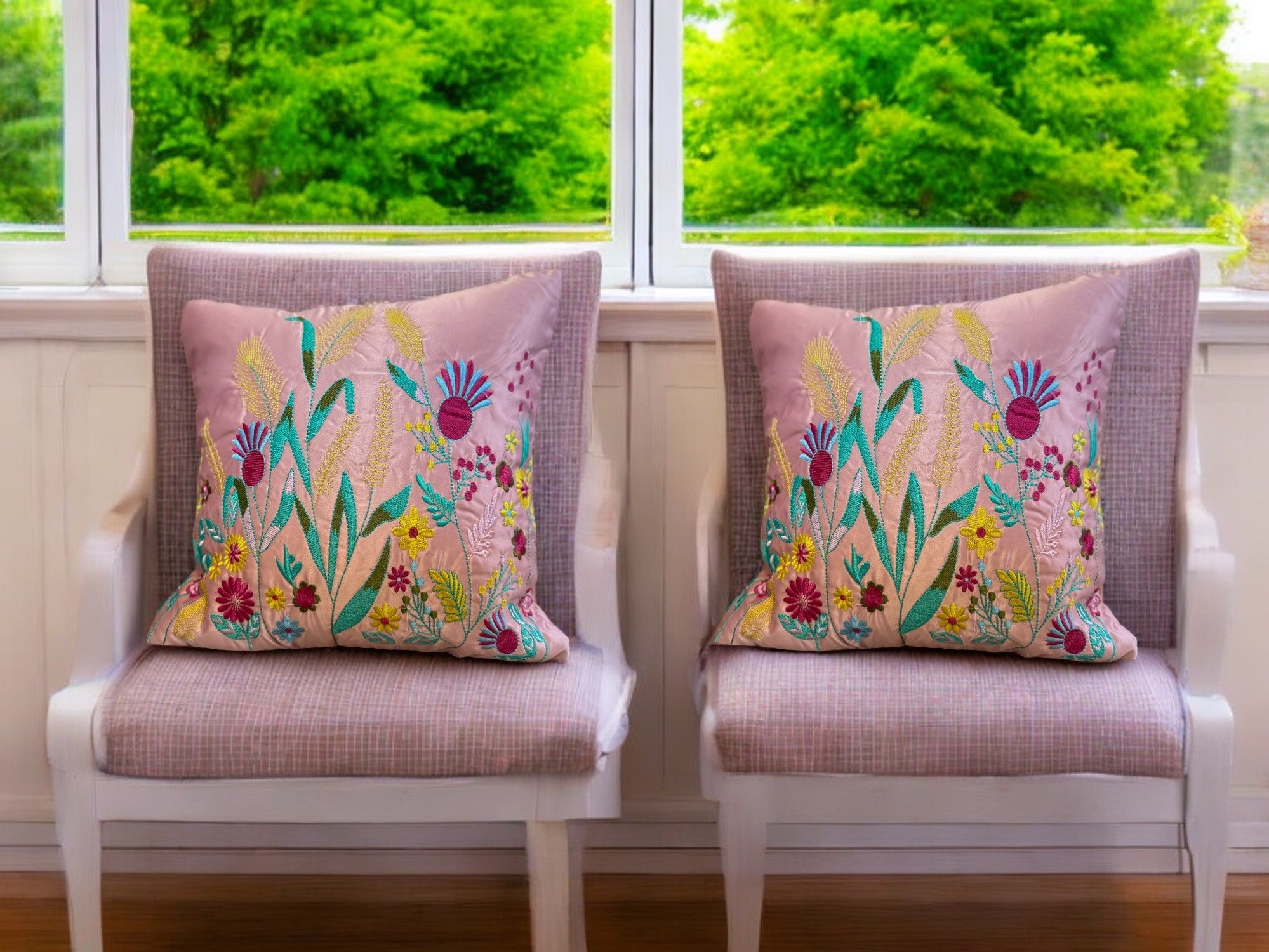 Satin Cushion or Pillow Cover with Garden Embroidery, Set of 2