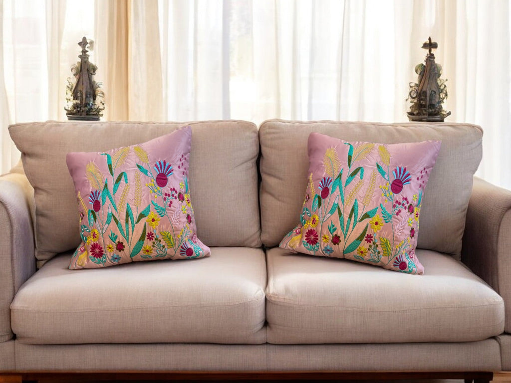 Satin Cushion or Pillow Cover with Garden Embroidery, Set of 2