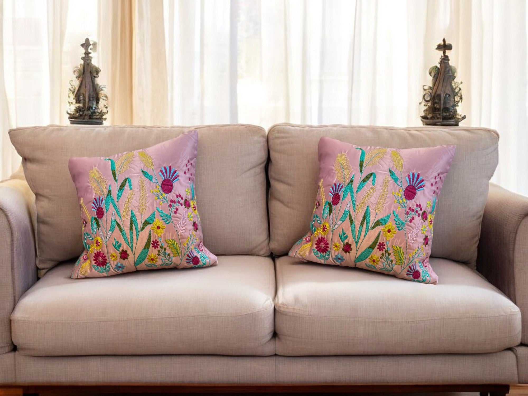 Satin Cushion or Pillow Cover with Garden Embroidery, Set of 2