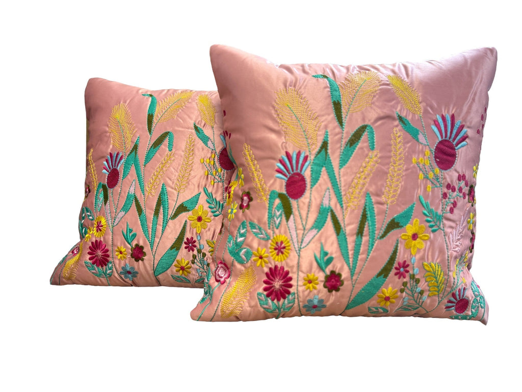 Satin Cushion or Pillow Cover with Garden Embroidery, Set of 2