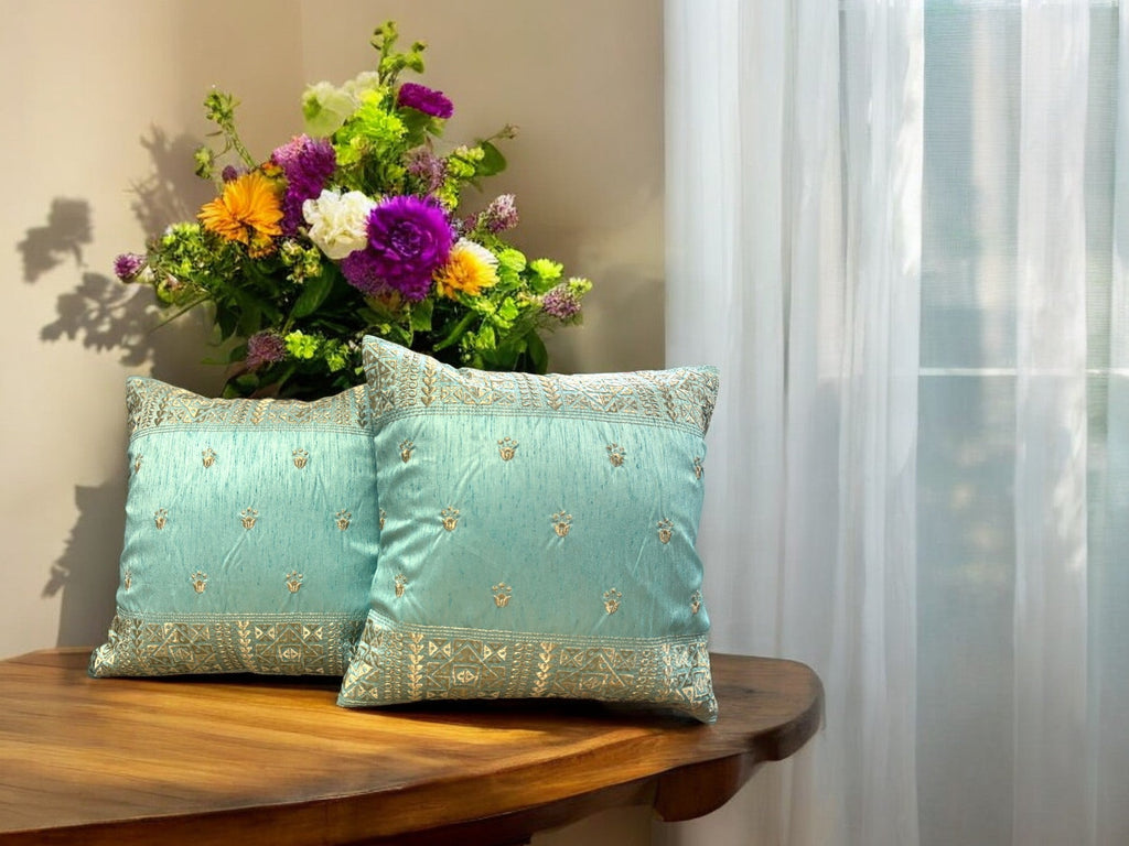 Silk Cushion or Pillow Cover with King Crown & Border Embroidery, Set of 2