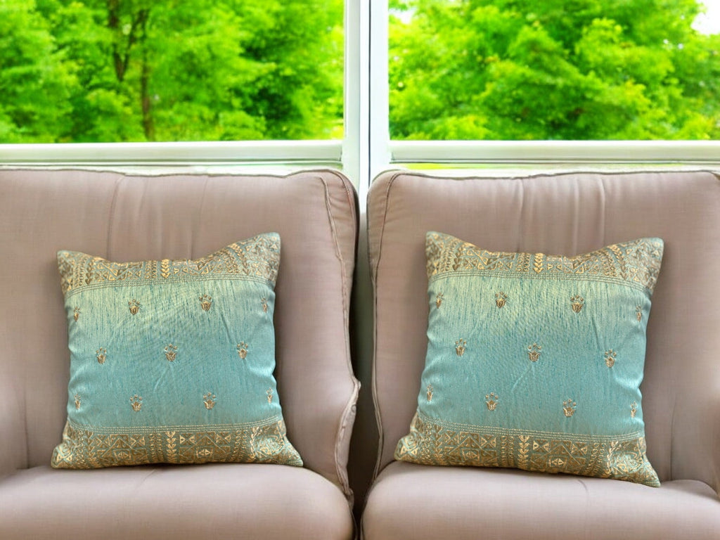 Silk Cushion or Pillow Cover with King Crown & Border Embroidery, Set of 2