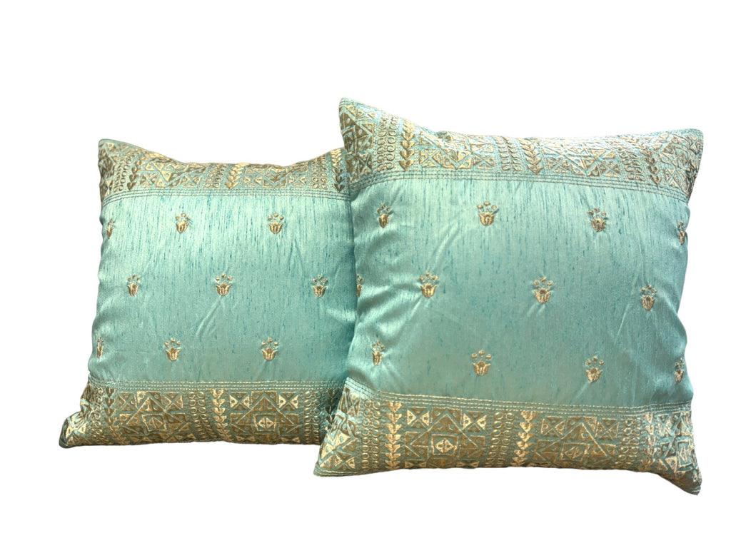 Silk Cushion or Pillow Cover with King Crown & Border Embroidery, Set of 2