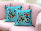 Satin Cushion or Pillow Cover with Cycle Embroidery & Satin Pompom on Sides, Set of 2