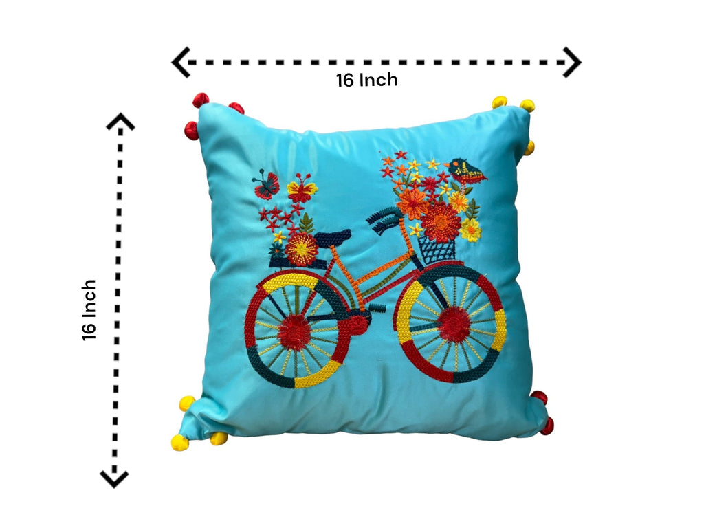 Satin Cushion or Pillow Cover with Cycle Embroidery & Satin Pompom on Sides, Set of 2