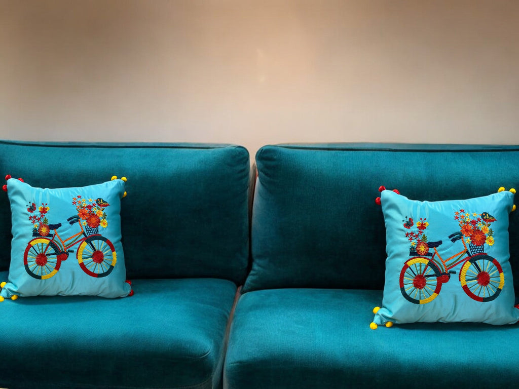 Satin Cushion or Pillow Cover with Cycle Embroidery & Satin Pompom on Sides, Set of 2