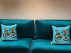 Satin Cushion or Pillow Cover with Cycle Embroidery & Satin Pompom on Sides, Set of 2