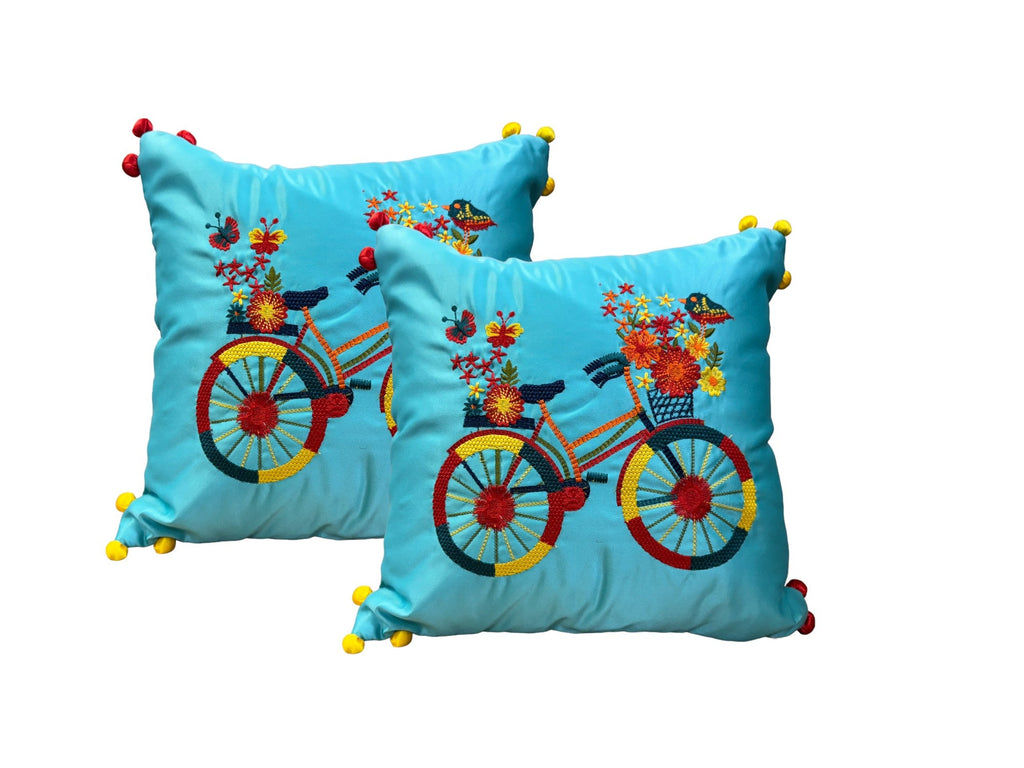 Satin Cushion or Pillow Cover with Cycle Embroidery & Satin Pompom on Sides, Set of 2