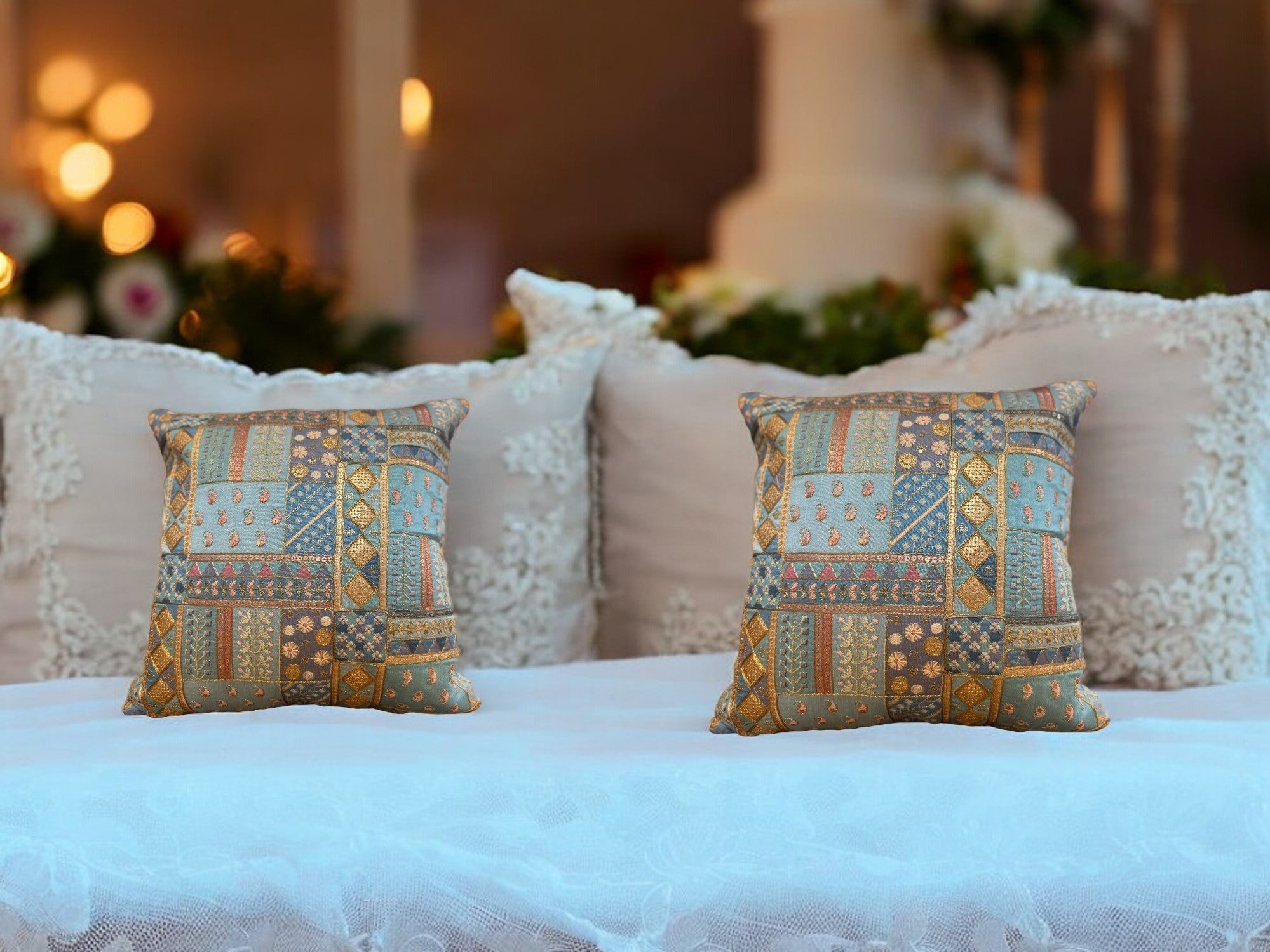 Silk Cushion or Pillow Cover with Heavy Traditional Indian Thread Work, Set of 2